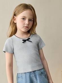 SHEIN 年轻女孩休闲百搭舒适圆领蝴蝶结装饰短袖纯色针织T恤 - 淺灰色 - 查看 5