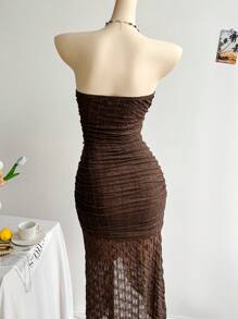 Soleia 度假象牙色褶饰低腰不对称下摆连衣裙，适合海滩、夏季、波西米亚风、度假、钩针编织、亚麻、纹理 - 米色 - 查看 5