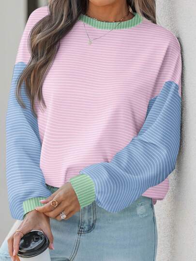 EMERY ROSE Casual Minimalist Color Block Striped Round Neck Loose Fit Short Sleeve Hoodie Sweatshirt For Women, Suitable For Autumn/Winter Fall