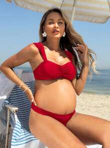 SHEIN Conjunto de bikini fruncido para mujeres embarazadas para vacaciones en la playa - Rojo - Ver 1