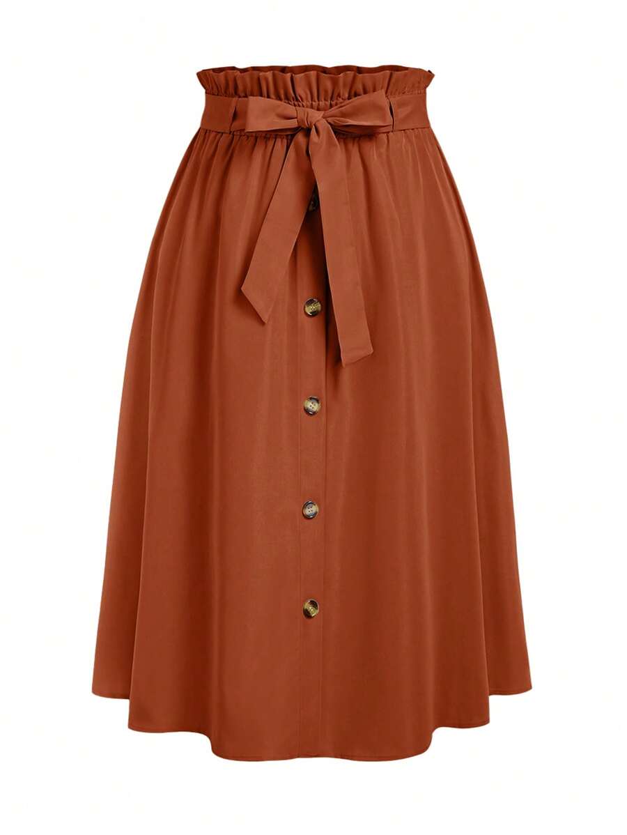 SHEIN Unity Plus Size Casual Solid Color Front Button Up A-Line Skirt Fall - Rust Brown - View 1