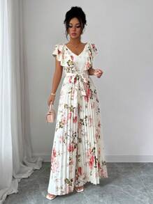 Selianne Mono elegante con cuello en V con volante, cintura plisada, pierna ancha, para vacaciones y resort - Multicolor - Ver 4