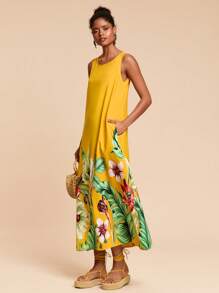 Travachic Tropical Print Slant Pocket Tank Dress - Yellow - View 4