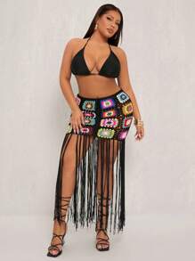 SHEIN SXY Falda de mujer talla grande de primavera y verano, elegante y sexy, de punto a ganchillo con cuadros multicolor y flecos extra largos, fluida y ceñida hasta la mitad, adecuada para uso diario, vestimenta occidental, Ibiza, Nashville, rave, modesta, atuendo de crucero, festival de música, concierto, fiesta de carnaval, vacaciones en la playa, cita, cumpleaños, despedida de soltera, club, linda, casual, compras, ropa de calle, salir, fácil de combinar y estiliza la figura. - Multicolor - Ver 6