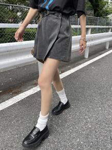 FRIFUL Women's Dark Gray Overlay Casual Versatile Denim Skort, For Airport Vacation Jorts - Dark Grey - View 5