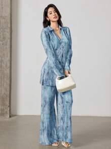 Heiryn مجموعة قميص وبنطلون 2 قطعة للنساء مطبوع بطراز التعتيق الأنيق