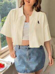 SHEIN EZwear 大码女式休闲独角兽印花落肩衬衫 - 杏色 - 查看 5