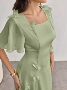 Modelyn Women Square Neck Ruffle Sleeve Floral Print Bodycon Short Sleeve Dress - Green - View 7