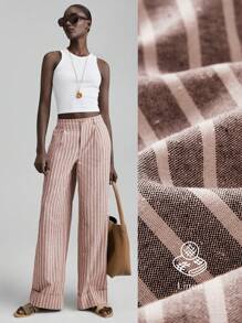 Ontre 2025 新款亚麻混纺休闲裤，复古风格，条纹面料，松紧腰带，真口袋，女式全长裤，卷边裤脚，适合日常穿着，秋季，商务休闲 - 紅色 - 查看 3
