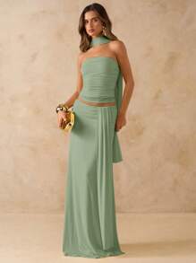 SHEIN BAE 2pcs/Set Summer Solid Pink Cropped Ruched Camisole & Low Waisted Ruched Flowy Midi Skirt, Beach Holiday Outfit, Bohemian Backless Dress, Women's Music Festival Attire, Bridesmaid 2 Pieces Set - Mint Green - View 4