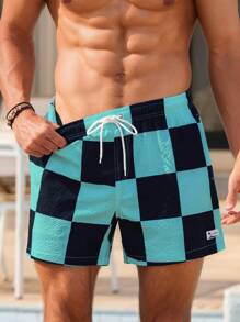 Manfinity Men's Print Drawstring Casual Beach Shorts Men's Matching Swim Trunks Men Beachwear - Mint Blue - View 4