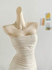 Soleia Vacation Light Yellow Ruched Strapless Low Waist Asymmetrical A-Line Dress - Beige - View 5