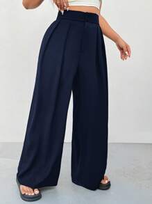 Solflare Plus Size Navy Blue High Waisted Straight Leg Casual Pants, Minimalist & Stylish Office Wear - Navy Blue - View 3