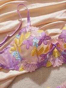 FloralLove 2 piezas Conjunto de ropa interior sexy para mujer con encaje y contraste de color, incluye sujetador con aros y pantie, delgado y fresco
