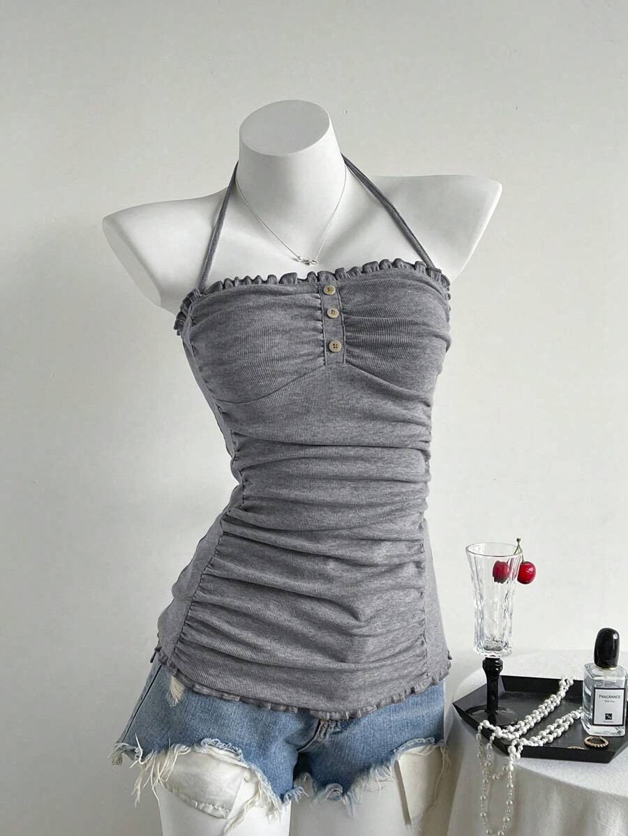 Elamini Women's Summer Casual Solid Color Ruched Backless Halter Top - Dark Grey - View 1