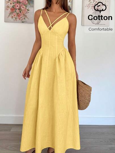 Siren Gaze Teacher Outfits For Women Waist A-Line Long Skirt Going Out  Dress For Wedding Guest Butter Yellow Butter Yellow Dress   Old Money Style Women Women's Solid Color Crossover Design Ruffle Elegant Dress Party Summer New Year Vacation Casual Holiday Resort