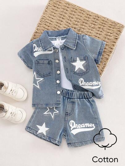 SHEIN Playful Pals 2pcs/Set Baby Boy Collared Buttoned Star & Letter Print Short Sleeve Shirt + Elastic Waist Denim Shorts Casual Comfortable Soft Vintage Summer