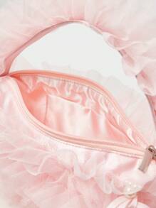 MOTF PREMIUM FAUX PEARL AND BOW MESH TOP HANDLE BAG, NEW ARRIVAL FUR BAG FOR WOMEN - Pink - View 10