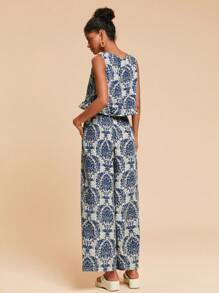 Travachic In Damask Xù Hoa Sen Áo ba lỗ & Quần ống rộng - Màu xanh bụi bặm - Xem 2