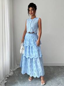 SHEIN Clasi Bộ 2 món thêu & đính chi tiết cho nữ, áo không tay & chân váy, mùa hè - Màu xanh nhạt - Xem 4