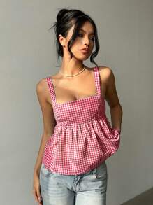 Aloruh Women Plaid Backless Ruffle Hem Camisole Top
