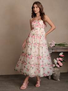 SHEIN Unity 女士优雅印花雪纺中长连衣裙 - 米色 - 查看 1