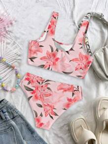 Conjunto de traje de baño informal para niñas preadolescentes con Top tipo camisola con estampado floral y Bottom triangular para el verano