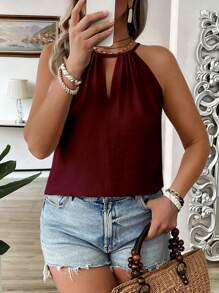 EMERY ROSE 加大码时尚勃艮第色颈带休闲宽松迷人无袖吊带背心，细肩带设计，优雅女士风格 - 酒紅色 - 查看 3