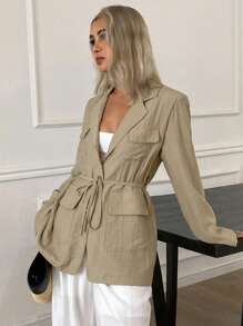 Livesso Women's Summer Slim-Fit Blazer Jacket, Multiple Pockets, Loose Fit, Fall Clothes, Back To School Clothes Business Attire - Beige - View 3