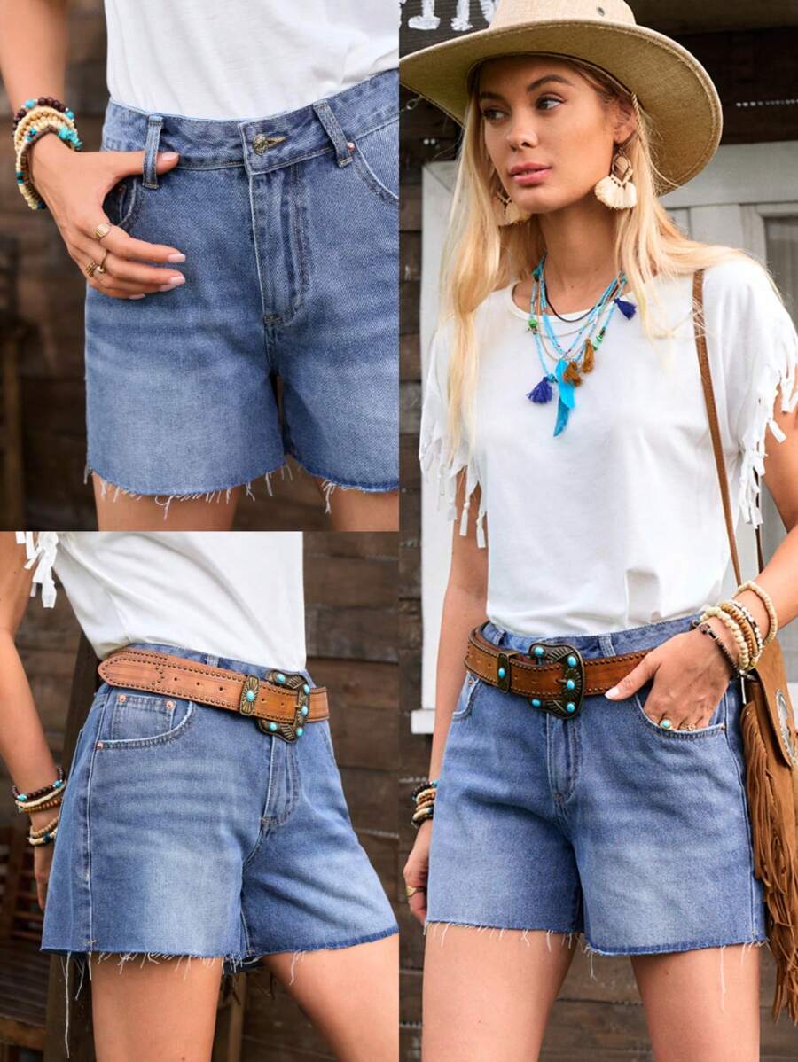 SHEIN LilyWest Quần short denim giặt đa năng có túi và viền tua rua dành cho nữ - Rửa trung bình - Xem 1