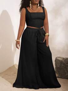 Slaydiva 两件套新款春夏度假休闲卡其色人字纹吊带上衣和阔腿裤套装，带口袋，采用纹理面料，大码女装套装，两件套女装 - 黑色 - 查看 6