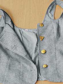 GENKIRA Square Neckline Slim Fit Tweed Button-Up Top For Women, Spring/Summer - Grey - View 7