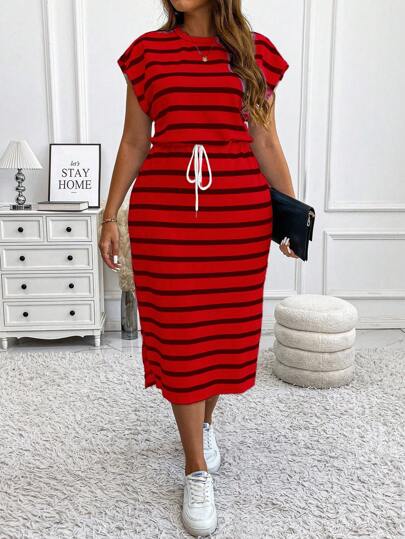 Vionelle Plus Size Striped Crew Neck Capped Sleeve Bodycon Split Drawstring Midi Casual Dress, Autumn/Winter Maxi Women Outfit