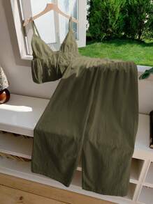 Comfortcana 2件套女式夏季军绿色亚麻吊带背心和裤子套装 - 軍綠色 - 查看 5