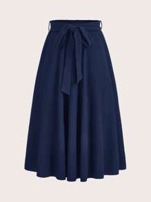 Ellevyn Solid Belted Flare Skirt - Navy Blue - View 2