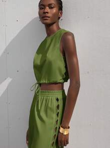 Aveloria Modichic 全新法式时尚度假简约优雅品质女装纯色几何刺绣镂空圆领无袖抽绳短款上衣和阔腿裤两件套