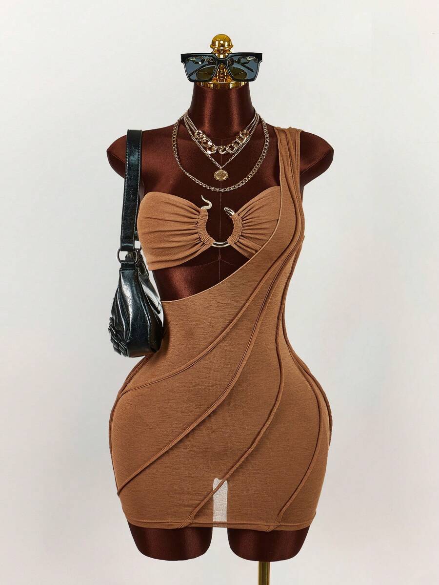 Amplova Bộ 2 món áo ống màu trơn gợi cảm và quần short cho nữ, mùa hè - Màu Khaki - Xem 1