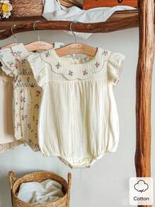 Vintaside Kids Babygirls Cherry Blossom Embroidery Sleeveless Romper, Pure Apricot Color, Sweet And Simple Style, Comfortable Fit, Suitable For Daily Outings, Home Leisure, And Casual Gatherings, Spring/Summer