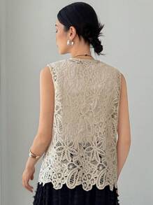 FRIFUL 女士 V 领镂空无袖钩针开衫，女士海滩度假 - 杏色 - 查看 5