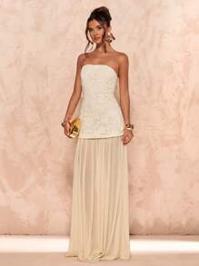 SHEIN BAE Spring/Summer Apricot Sleeveless Bandeau Delicate Heavy Work Lace Mesh Panels Elegant Maxi Women's Dress,Summer Dress - Apricot - View 4