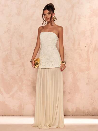 SHEIN BAE Đầm maxi nữ mùa xuân/hè không tay, kiểu quây ngực, tinh tế, phối ren và lưới, thanh lịch.