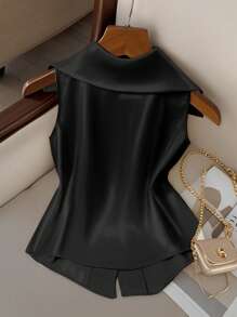 GlowEve CURVE Plus Size Elegant Lapel Sleeveless Button Up Shirt - Black - View 2