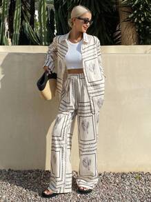 DAZY 2pcs Sets Women Loose Casual Linen Style Holiday Outfits, Summer - Beige - View 2