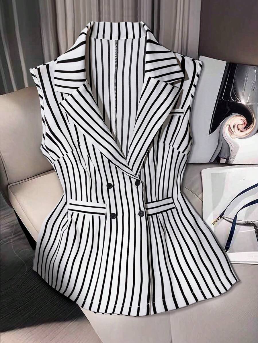 GlowEve CURVE Áo khoác vest không tay ve kẻ sọc thời trang cỡ lớn, thích hợp mặc đi làm hàng ngày, mùa hè - Đen và trắng - Xem 1