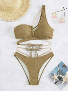 Swim SXY 海灘夏季女款鍊條細節比基尼泳衣套裝 - 卡其色 - 查看 2