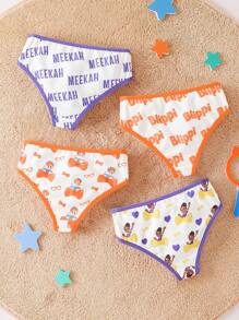 Blippi X SHEIN 4 pièces de jeune fille Sous-vêtements de culotte sans couture avec motifs de lettres et de dessins animés