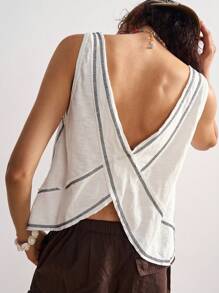 Bohemela Women V-Neck Asymmetrical Hem Solid Color Knit Backless Tank Top