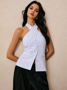 Poéselle Women Striped Single-Breasted Halter Neck Tank Top For Summer - Blue and White - View 5