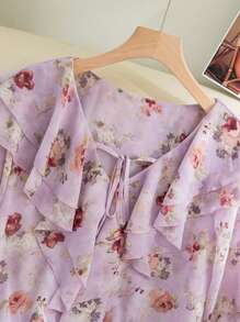 Modelyn Women Floral Print Flounce Collar Long Sleeve Elegant Blouse - Mauve Purple - View 6