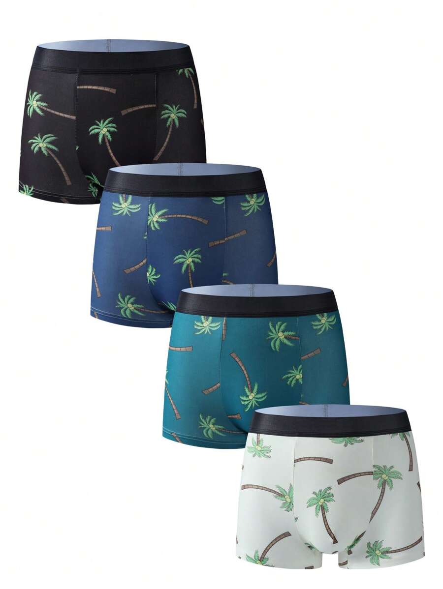 SHEIN Set de 4 boxers para adolescentes varones con estampado de árboles de coco - Multicolor - Ver 1